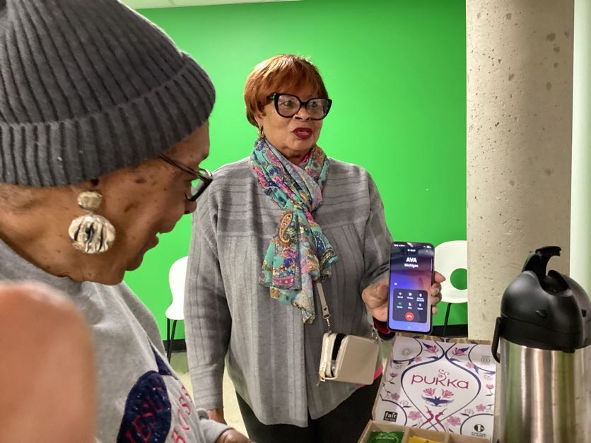 Wisdom people sharing tea while using a smartphone for family connection