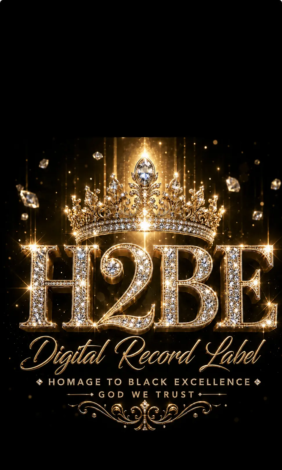 H2BE Digital Record Label crown artwork with diamonds and gold sparkles on black
